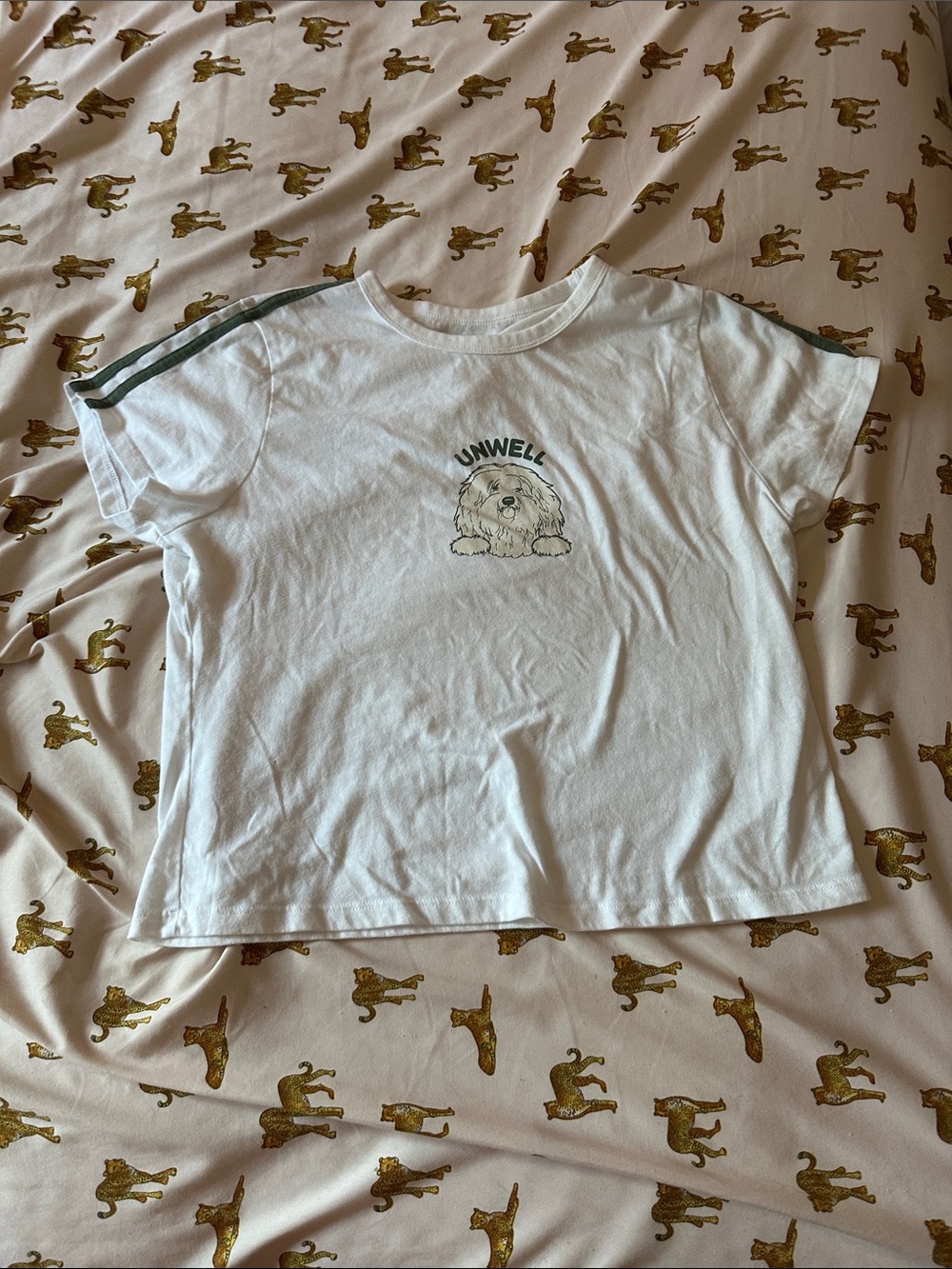 White Kids Short-Sleeve Tee with Dog Graphic and Green Shoulder Stripes